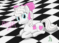 Size: 800x586 | Tagged: artist needed, safe, earth pony, pony, battlefield, checkerboard, female, hair bow, homestuck, looking at you, maplehoof, mare, neigh, prone, smiling, solo