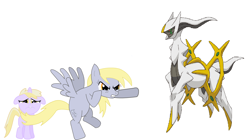 Size: 2100x1172 | Tagged: artist needed, safe, derpy hooves, dinky hooves, arceus, pegasus, pony, unicorn, g4, angry, female, filly, mare, mythical pokémon, normal type pokémon, pokémon, pokémon diamond and pearl, simple background, sinnoh pokémon, white background