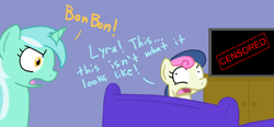 Size: 900x419 | Tagged: artist needed, safe, bon bon, lyra heartstrings, sweetie drops, earth pony, pony, unicorn, g4, bon-bon's secret, censored, couch, exploitable meme, female, mare, meme