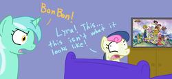 Size: 900x419 | Tagged: safe, bon bon, lyra heartstrings, sweetie drops, earth pony, pony, unicorn, g4, bon-bon's secret, couch, digimon, digimon adventure, exploitable meme, female, mare, meme