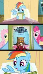 Size: 581x1000 | Tagged: safe, fluttershy, pinkie pie, rainbow dash, earth pony, pegasus, pony, g4, accidental innuendo, bed, book, book cover, cover, female, hospital, hub logo, mare, not what it looks like, reading rainbow