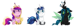 Size: 1500x537 | Tagged: safe, artist:loyaldis, princess cadance, queen chrysalis, shining armor, alicorn, changeling, changeling queen, pony, unicorn, g4, chibi, female, heart eyes, male, mare, simple background, sitting, smiling, stallion, transparent background, wingding eyes