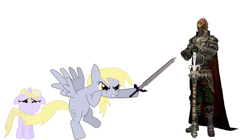 Size: 2100x1172 | Tagged: safe, derpy hooves, dinky hooves, pegasus, pony, unicorn, g4, angry, female, filly, ganondorf, mare, simple background, sword, the legend of zelda, weapon, white background