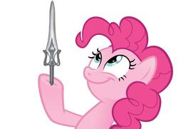 Size: 1184x855 | Tagged: safe, pinkie pie, earth pony, pony, g4, female, look what pinkie found, mare, meme, simple background, solo, sword, weapon, white background