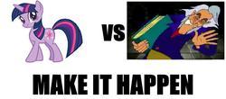 Size: 1024x450 | Tagged: safe, twilight sparkle, human, pony, unicorn, g4, cardboard twilight, exploitable meme, i.m. meen, make it happen, meme, meta, unicorn twilight, vs