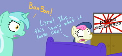 Size: 900x419 | Tagged: safe, bon bon, lyra heartstrings, sweetie drops, earth pony, pony, unicorn, g4, bon-bon's secret, coldmirror, couch, exploitable meme, female, japanoschlampen, mare, meme