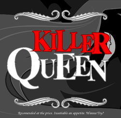 Size: 600x589 | Tagged: safe, artist:the-orator, queen chrysalis, changeling, g4, album cover, female, killer queen, no pony, queen (band), smiling, solo, text