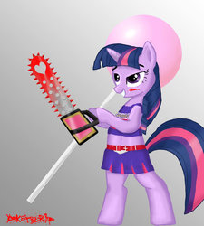 Size: 847x943 | Tagged: safe, artist:yoskater13, twilight sparkle, unicorn, semi-anthro, g4, bipedal, chainsaw, clothes, female, gradient background, juliet starling, lollipop chainsaw, mare, solo