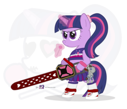 Size: 875x750 | Tagged: safe, artist:dm29, smarty pants, twilight sparkle, unicorn, semi-anthro, g4, bipedal, chainsaw, female, juliet starling, lollipop chainsaw, simple background, solo, suda51, tara strong, transparent background, unicorn twilight, voice actor joke