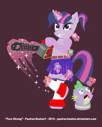 Size: 1689x2112 | Tagged: safe, artist:paulrus-keaton, spike, twilight sparkle, semi-anthro, g4, arm hooves, chainsaw, clothes, cosplay, costume, disembodied head, female, lollipop chainsaw, male, ship:twispike, shipping, straight, tongue out, voice actor joke