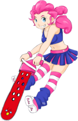 Size: 600x928 | Tagged: dead source, safe, artist:diasfox, pinkie pie, human, g4, belly button, chainsaw, cheerleader, cheerleader pinkie, female, humanized, lollipop chainsaw, midriff, shoes, simple background, sneakers, solo, transparent background