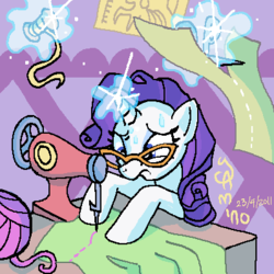 Size: 400x400 | Tagged: safe, artist:yamino, rarity, pony, unicorn, g4, cutting, female, glasses, magic, mare, multitasking, rarity's glasses, scissors, sewing machine, solo, stressed, sweat, working