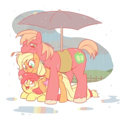 Size: 800x776 | Tagged: safe, artist:kelsea-chan, apple bloom, applejack, big macintosh, earth pony, pony, g4, apple family, apple siblings, female, filly, hatless, male, mare, missing accessory, pile, pony pile, rain, stallion, umbrella