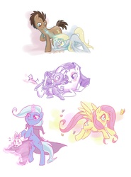Size: 1252x1694 | Tagged: safe, artist:kelsea-chan, derpy hooves, doctor whooves, fluttershy, rarity, spike, time turner, trixie, butterfly, dragon, earth pony, pegasus, pony, rabbit, unicorn, g4, female, interspecies, male, mare, mouth hold, musical instrument, saxophone, ship:doctorderpy, ship:sparity, shipping, stallion, straight