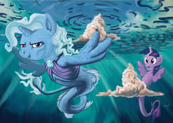 Size: 877x621 | Tagged: safe, artist:spectralunicorn, trixie, twilight sparkle, pony, sea pony, unicorn, g4, dorsal fin, female, fin, fin wings, fins, fish tail, flowing mane, flowing tail, magic the gathering, mare, ocean, scales, seaponified, seapony trixie, seapony twilight, species swap, spread wings, sunlight, swimming, tail, underwater, water, wings