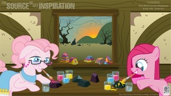Size: 1921x1081 | Tagged: safe, artist:kman-studio, granny pie, pinkie pie, earth pony, pony, g4, duo, female, filly, glasses, mare, mouth hold, paint, paintbrush, painting, rock, rock farm, younger