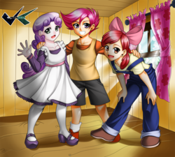 Size: 1000x900 | Tagged: safe, artist:jadenkaiba, apple bloom, scootaloo, sweetie belle, human, g4, anime, anonymous commissioner, clothes, cutie mark crusaders, dress, female, humanized, light skin, mary janes, overalls, pale skin, trio