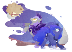 Size: 1280x915 | Tagged: safe, artist:kelsea-chan, princess luna, alicorn, bat pony, pony, g4, abstract background, female, male, mare, muffin, night guard, rearing, royal guard, simple background, stallion, transparent background