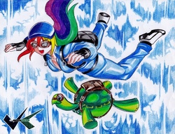 Size: 700x536 | Tagged: safe, artist:jadenkaiba, rainbow dash, tank, human, g4, clothes, duo, falling, female, fingerless gloves, gloves, goggles, humanized, parachute, skydiving