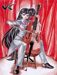 Size: 531x700 | Tagged: safe, artist:jadenkaiba, octavia melody, human, g4, cello, clothes, female, humanized, music, musical instrument, playing instrument, sitting, solo, traditional art