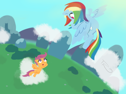 Size: 1600x1200 | Tagged: dead source, safe, artist:therelicofowls, rainbow dash, scootaloo, pegasus, pony, g4, cloud, female, filly, flying, flying lesson, mare, no pupils, scootaloo can fly