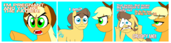 Size: 1368x351 | Tagged: safe, artist:terry, applejack, caramel, earth pony, pony, comic:you're the father, g4, applejack is not amused, comic, female, male, mare, overreaction, pregnant, ship:carajack, shipping, stallion, straight, unamused, you're the father