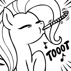 Size: 945x945 | Tagged: safe, artist:megasweet, fluttershy, pegasus, pony, g4, black and white, blowout, female, grayscale, lineart, mare, monochrome, music notes, party horn, solo, toot