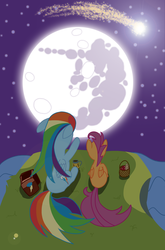 Size: 2160x3273 | Tagged: safe, artist:kalimdor89, rainbow dash, scootaloo, pegasus, pony, g4, basket, female, filly, high res, mare, mare in the moon, moon, mug, night, rear view, saddle bag, shooting star, sitting