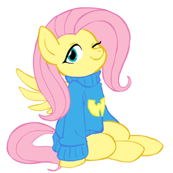 Size: 945x945 | Tagged: safe, artist:deeriojim, artist:megasweet, fluttershy, pegasus, pony, g4, clothes, female, mare, one eye closed, simple background, sitting, solo, sweater, sweatershy, white background, wu tang clan
