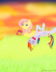 Size: 1700x2184 | Tagged: safe, artist:stepany1234, fluttershy, rainbow dash, scootaloo, pegasus, pony, g4, female, filly, grass, mare, on back, prone, sunset