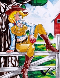 Size: 541x700 | Tagged: safe, artist:jadenkaiba, applejack, human, g4, applebucking thighs, applejack's hat, belly button, boots, breasts, busty applejack, cleavage, clothes, cowboy boots, cowboy hat, cowgirl, female, fence, hat, humanized, midriff, sitting, solo, spurs, stetson