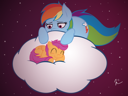 Size: 4000x3000 | Tagged: safe, artist:marshylawl, rainbow dash, scootaloo, pegasus, pony, g4, blank flank, cloud, curled up, duo, eyes closed, female, filly, foal, hooves, lying on a cloud, mare, night, on a cloud, sleeping, wings