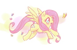 Size: 839x553 | Tagged: safe, artist:kelsea-chan, fluttershy, butterfly, pegasus, pony, g4, abstract background, female, flying, mare, solo