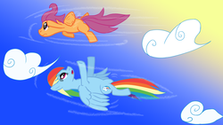 Size: 1920x1080 | Tagged: safe, artist:kalimdor89, rainbow dash, scootaloo, pegasus, pony, g4, cloud, female, filly, flying, flying lesson, mare, scootaloo can fly, scootalove, sky, upside down, wallpaper