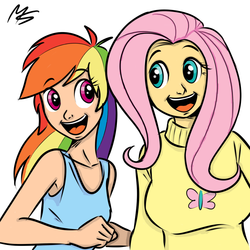 Size: 945x945 | Tagged: safe, artist:megasweet, fluttershy, rainbow dash, human, g4, may the best pet win, awesome face, breasts, busty fluttershy, clothes, faic, female, humanized, scene interpretation, simple background, sweater, sweatershy, white background