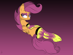 Size: 3072x2304 | Tagged: safe, artist:v-d-k, scootaloo, pegasus, pony, g4, bedroom eyes, butt, clothes, female, gradient background, high res, looking back, mare, older, older scootaloo, on side, plot, scootabutt, sexy, smiling, socks, solo, stupid sexy scootaloo