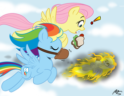 Size: 1232x952 | Tagged: safe, artist:megasweet, derpy hooves, fluttershy, rainbow dash, pegasus, pony, g4, :p, cloud, cloudy, eating, eyes closed, feed bag, female, fire, flying, food, herbivore, horses doing horse things, krystal can't enjoy her sandwich, mare, meme, muffin, on fire, sandwich, shocked, smiling, spread wings, tongue out, trio, upside down, wat