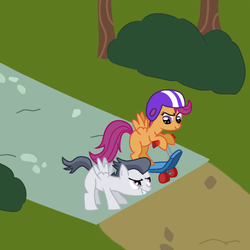 Size: 800x800 | Tagged: safe, artist:scootscoots, rumble, scootaloo, pegasus, pony, g4, colt, female, filly, male, race, scooter, ship:rumbloo, shipping, straight, under the old oak tree