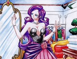 Size: 700x532 | Tagged: safe, artist:jadenkaiba, rarity, human, g4, absolute cleavage, beautiful, breasts, busty rarity, cleavage, clothes, dress, female, humanized, mirror, solo