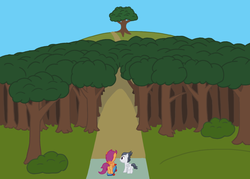 Size: 1000x714 | Tagged: safe, artist:scootscoots, rumble, scootaloo, pegasus, pony, g4, colt, female, filly, forest, male, race, rear view, scooter, ship:rumbloo, shipping, straight, under the old oak tree