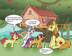Size: 639x504 | Tagged: safe, artist:asuraludu, apple bloom, braeburn, scootaloo, sweetie belle, earth pony, pegasus, pony, unicorn, g4, clubhouse, crusaders clubhouse, cutie mark crusaders, female, filly, male, speech bubble, stallion