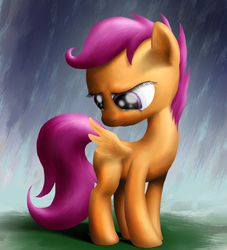 Size: 1392x1536 | Tagged: safe, artist:yalcahoon, scootaloo, pegasus, pony, g4, crying, female, filly, looking back, looking down, sad, solo