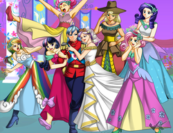 Size: 1000x771 | Tagged: safe, artist:jadenkaiba, applejack, fluttershy, pinkie pie, princess cadance, rainbow dash, rarity, shining armor, twilight sparkle, human, g4, armpits, breasts, cleavage, clothes, dress, female, hat, humanized, male, mane six, princess, royal wedding, wedding