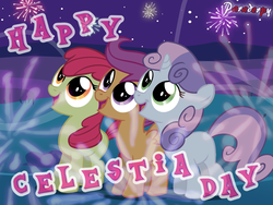 Size: 2400x1800 | Tagged: dead source, safe, artist:slitherpon, apple bloom, scootaloo, sweetie belle, earth pony, pegasus, pony, unicorn, g4, cutie mark crusaders, female, filly, fireworks, happy celestia day, looking up