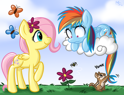 Size: 1347x1041 | Tagged: safe, artist:megasweet, fluttershy, rainbow dash, bee, butterfly, chipmunk, pegasus, pony, g4, cloud, cloudy, cute, dashabetes, female, filly, filly fluttershy, filly rainbow dash, flower, flower in hair, foal, frown, hooves, lying on a cloud, on a cloud, prone, raised hoof, scared, shyabetes, standing, tail pull, wavy mouth, wide eyes, wings, young, younger
