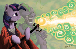 Size: 784x506 | Tagged: safe, artist:spectralunicorn, spike, twilight sparkle, dragon, semi-anthro, g4, clothes, female, fire, magic, magic the gathering, male, open mouth, smiling, staff