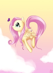 Size: 1275x1755 | Tagged: safe, artist:tamponandtwilaloop, fluttershy, butterfly, pegasus, pony, g4, cloud, cute, female, flying, looking at something, mare, profile, shyabetes, sky, solo