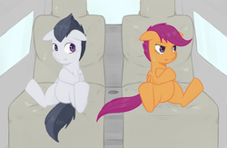Size: 1013x660 | Tagged: safe, artist:elslowmo, artist:japananon, artist:昔の傷口, rumble, scootaloo, pegasus, pony, g4, car, colt, crossed hooves, duo, female, filly, floppy ears, male, riding, ship:rumbloo, shipping, sitting, straight, sweat
