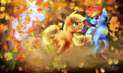 Size: 900x535 | Tagged: safe, artist:malicieuxx, applejack, rainbow dash, earth pony, pegasus, pony, fall weather friends, g4, autumn, female, scene interpretation