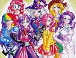 Size: 700x535 | Tagged: safe, artist:jadenkaiba, applejack, fluttershy, pinkie pie, rainbow dash, rarity, trixie, twilight sparkle, human, g4, bra strap, clothes, dress, evening gloves, female, hat, humanized, mane six, skirt